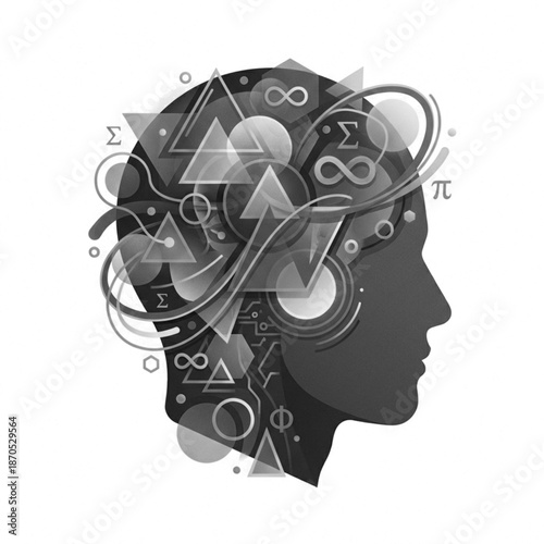 Conceptual illustration of human mind and logic featuring colorful geometric shapes and mathematical symbols