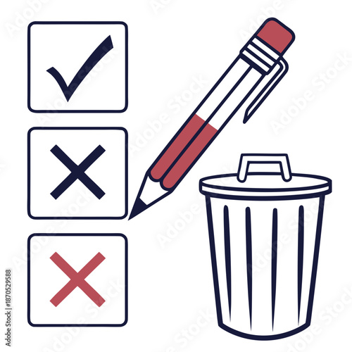 A vector graphic illustration of a pencil, checklist, and trash can