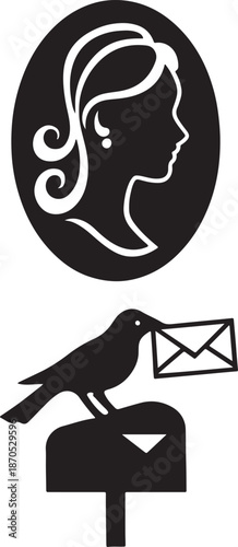 A black and white illustration featuring a woman s profile a bird and a mailbox