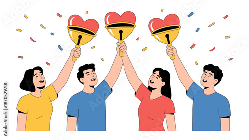 Love and Celebration: Four individuals enthusiastically raise heart-shaped bells, showering the scene with festive confetti, symbolizing love, joy, and unity.