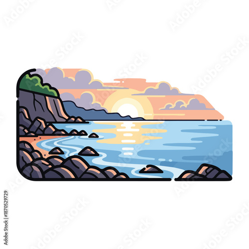 A serene seascape at sunset with rocky shores
