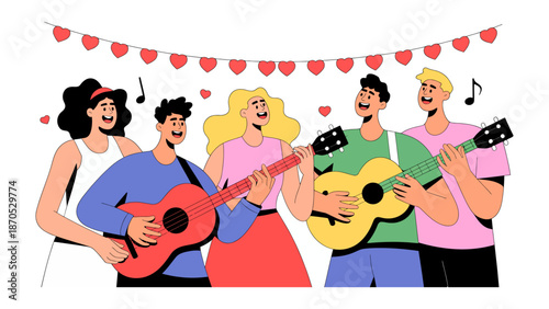 Harmony's Embrace: a group of musicians and singers perform music and sing together while they celebrate their affection in a joyful musical performance.
