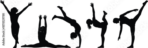 Gymnastics and yoga poses silhouettes, flexible women performing dance and acrobatic movements isolated on white background fitness concept illustration