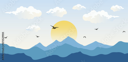 Abstract vector illustration of a landscape with clouds, sun, and birds over a summer ocean beach with waves and mountain peaks under a sunset sky