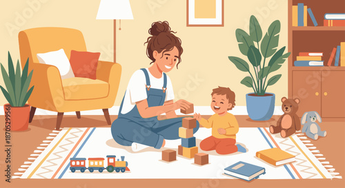 Babysitter Playing with Child
A flat vector illustration of a babysitter sitting on the floor playing with a young child using toys and blocks. Warm home interior with soft colors. 