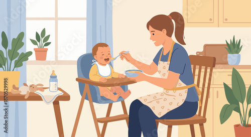 Babysitter Feeding Baby
A flat vector illustration of a babysitter feeding a baby with a bottle or spoon while seated. High chair and baby items visible. 