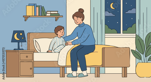 Babysitter Bedtime Routine
A flat vector illustration of a babysitter helping a child get ready for bed. Pajamas, bed, and night lamp visible. Flat vector style, calm and soothing atmosphere.