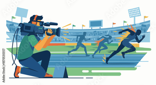 Cameraman Filming Sports Event
A flat vector illustration of a cameraman filming a sports event. Athlete silhouettes and stadium elements visible. Flat vector design, energetic action scene.