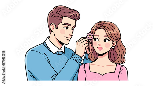 Gentle Romance: A man places a flower in his girlfriend's hair, symbolizing the tender feelings of love. A moment of tenderness and affection, ideal for themes of love, relationships, and romance.