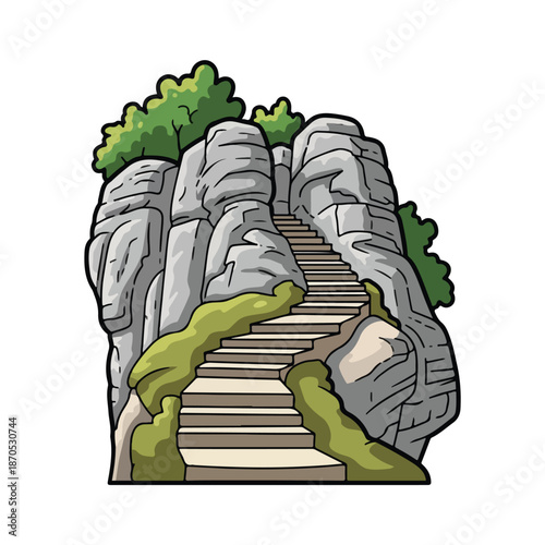 A staircase leads up a rocky cliff