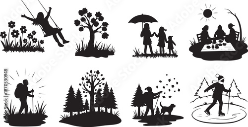 Family Outdoor Activities Silhouette Icons Set