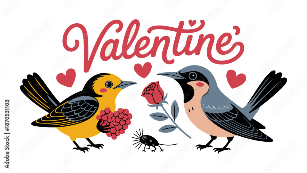 Obraz premium Valentine Birds : Two cute birds are in love, sharing the love and a special rose, as hearts float in a warm embrace, creating a picture perfect Valentine's scene. 