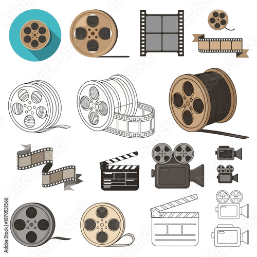 Vintage and Modern Film Reels, Clapperboards, and Cameras Icon Set