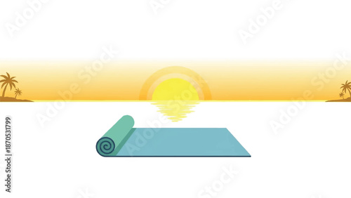 Serene yoga mat unrolled on beach at sunrise with palm trees in background