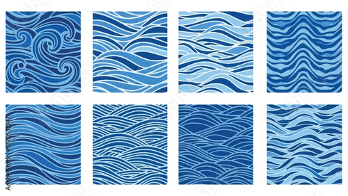 Collage of ocean waves in various patterns and shades of blue, showcasing the beauty of nature from different viewpoints.