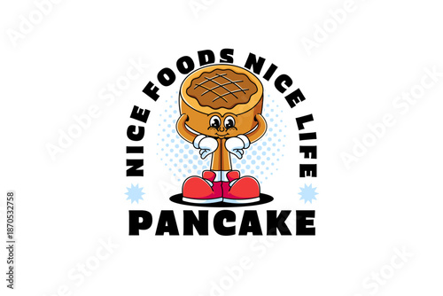 Waffle or pancake with chocolate syrup retro cartoon character illustration with standing and waiting pose for cafes, desserts, bakery, pastry mascots and merchandise