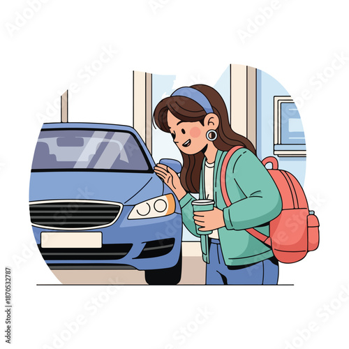 A woman in casual wear checks her car