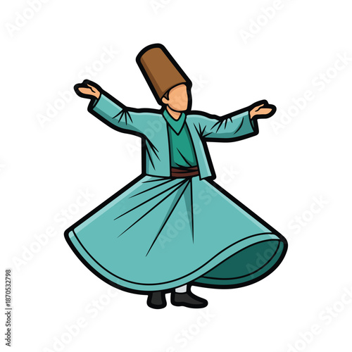 A whirling dervish in teal attire dancing