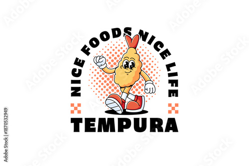 Crispy golden brown tempura shrimp retro cartoon character illustration with walking and happy face for restaurant, culinary, eatery mascots and merchandise