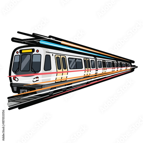 A white train with red, orange and blue lines speeding on tracks
