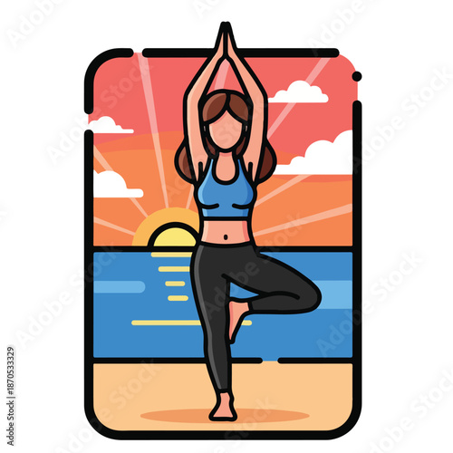 A woman practices yoga on a beach at sunrise