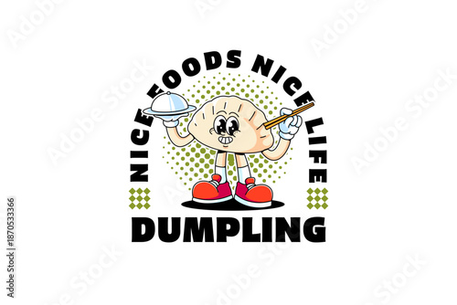 Chinese dumplings dim sum, wonton, bao or gyoza retro cartoon character illustration with standing. holding tray and chopstick for restaurant, culinary, eatery mascots and merchandise