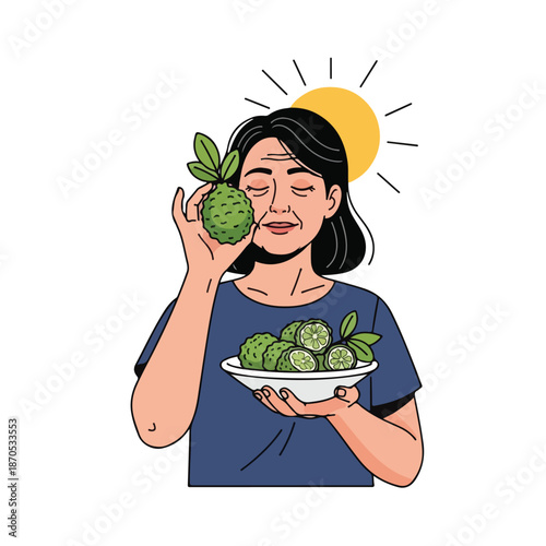 A woman smelling a guanabana fruit with a plate of more fruits