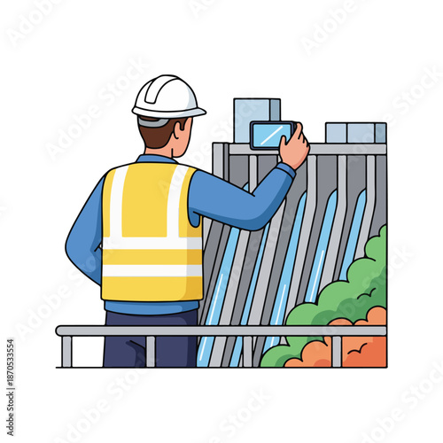 A worker in safety gear taking photo of dam
