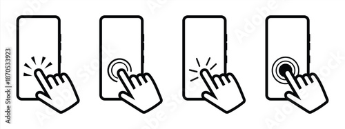 Set of smartphone Touch screen icons. Hand on touch screen smartphone. Click on the smartphone. Smartphone screen with hand touching. Cell Phone with click cursor