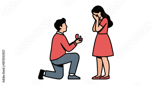 Proposing Love: A tender moment captured as a man kneels before a woman, opening a ring box, her face reflecting a mix of joy and surprise, symbolizing the promise of forever.