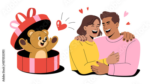 Gift of Affection: A happy couple embraces, radiating love. Beside them, a heart-adorned gift box reveals a cuddly teddy bear. A perfect illustration of happiness, and affection.