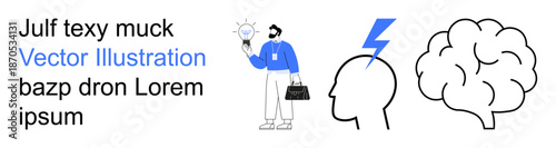 Creativity, innovation, brainstorming, problem-solving, productivity, business ideas. A businessman holding a lightbulb, a profile with a lightning bolt a brain. Creativity and innovation concept