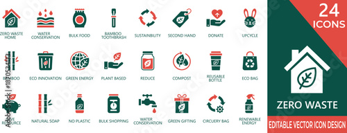 Vector filled icons of zero waste lifestyle, eco friendly packaging, recycling symbols, and sustainable circular economy for green branding.
