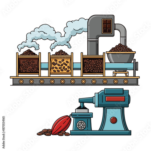 Cartoon coffee roasting factory with conveyor belt