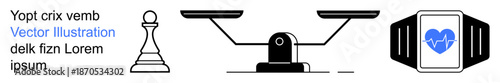 Strategy, equality, health monitoring, digital innovation, decision-making, balance. Chess pawn, scales heart monitor icon on a smartwatch. Strategy and equality concept