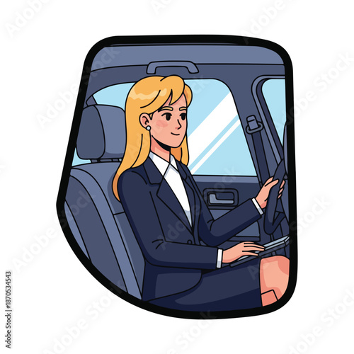 A woman in a business suit drives a car