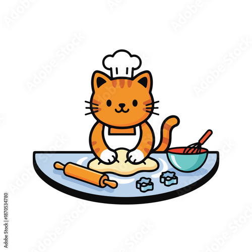 An orange cat in an apron and chef's hat baking