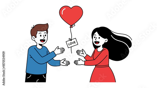 Love's Messenger: A vibrant depiction of affection as a heart-shaped balloon floats between two figures, bearing a message of LOVE, symbolizing romance and affection.