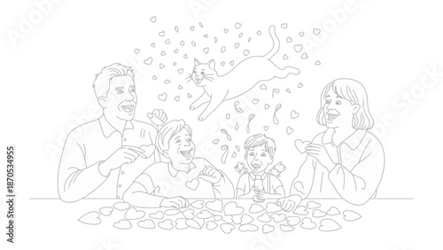 Family's Joyful Playtime: A family rejoices with playful hearts and a cat, celebrating the playful moment with hearts. 