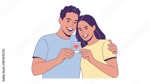 Eternal Embrace: A tender moment of togetherness unfolds as a smiling couple, united by love, holds a cherished photograph adorned with a heart.