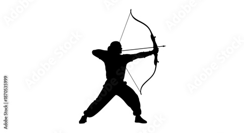 Focused archer in dynamic stance aiming bow and arrow