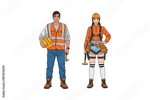 Vector illustration of a confident male and female construction worker wearing safety gear and holding tools, ready for work