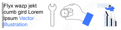 Productivity, time management, business growth, analytics, performance optimization, efficiency. Wrench and clock icons alongside a man analyzing a graph. Productivity and time management concept