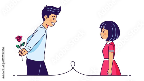 A Romantic Gesture: A man, beaming with affection, presents a vibrant rose to a woman, their connection visualized through an unbroken line, capturing the essence of a blossoming relationship.