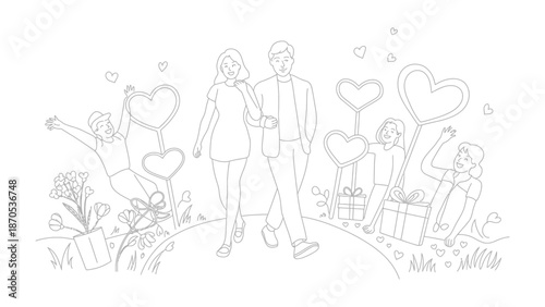 Valentine Stroll: A couple strolls hand-in-hand through a whimsical scene adorned with floating hearts, gift boxes and delightful drawings celebrating romance and affection.