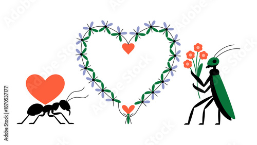 Insect's Romantic Celebration: An charming illustration showcases insects in a joyous moment of courtship, with a heart shape frame made of floral and one insect gives flowers.