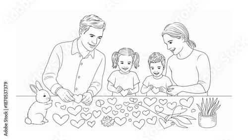 Family Hearts and Love: An illustration depicting a family bonding, crafting numerous heart shapes together, signifying unity and love.
