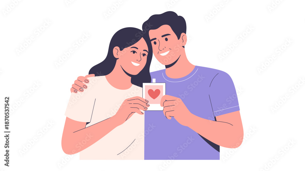 Obraz premium Couple in Love with Heart Photo: A loving couple embraces, gazing at a cherished photo depicting a heart, a symbol of their bond and affection.