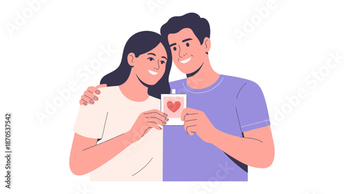 Couple in Love with Heart Photo: A loving couple embraces, gazing at a cherished photo depicting a heart, a symbol of their bond and affection.