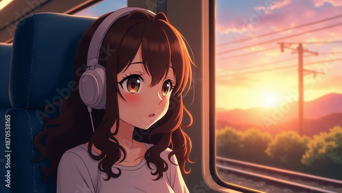 Anime Girl with Headphones Enjoying a Scenic Train Ride During a Golden Sunset